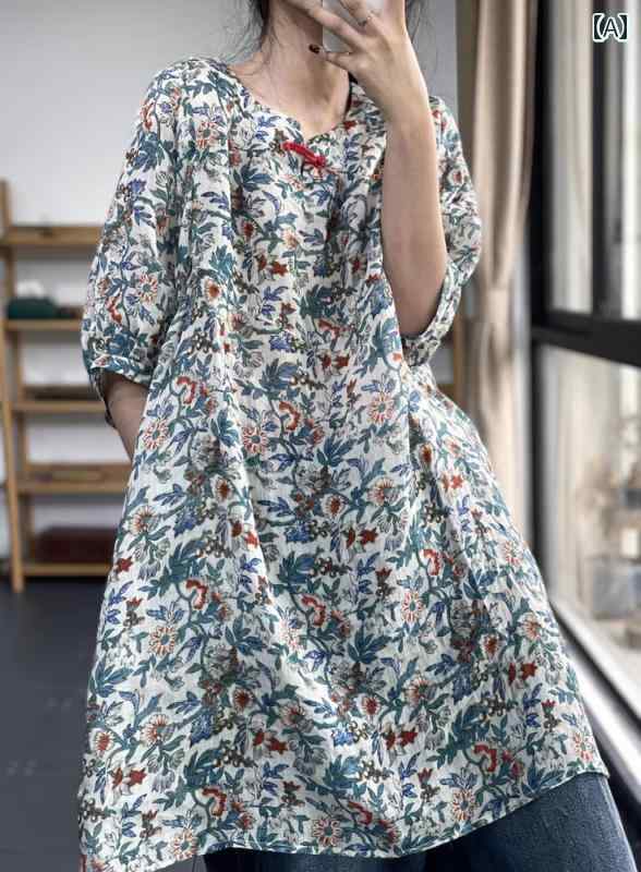 Other - レディース カジュアル 夏 トップス シャツ 普段着 サマーウェア 綿 リネン 婦人服 文学 レトロ 中華風 エスニック ラミー プリント