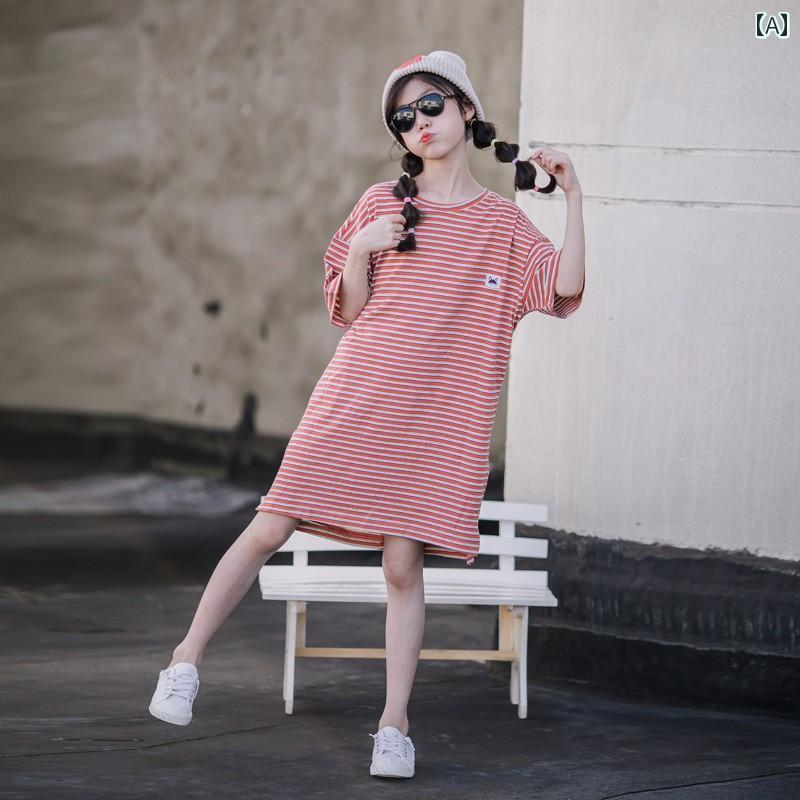 夏 ワンピース かわいい 女の子 ガールズ ドレス 韓国 中大 子供服 T シャツ 西洋 ストライプスカート