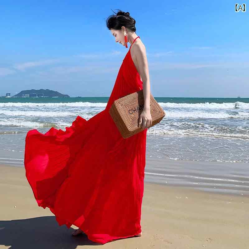 レディース リゾート ワンピース 大きい 赤い ビーチ ドレス スーパー フェアリー ホルターネック 背中 開いた 海辺 休暇 雰囲気 写真 お姫様 衣装