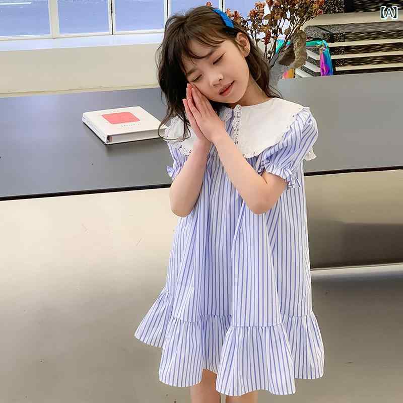 Rakuten - ワンピース かわいい 女の子 ガールズ サマー ドレス 韓国 中大 子供 森 ストライプ カレッジ ネイビー プリンセス
