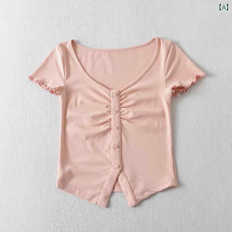 レディース カジュアル 夏 トップス T シャツ ボタン スモッキング 裾 スリット V ネック 半袖 スリム 女性用 アメリカン スタイリッシュ ガール クロップ