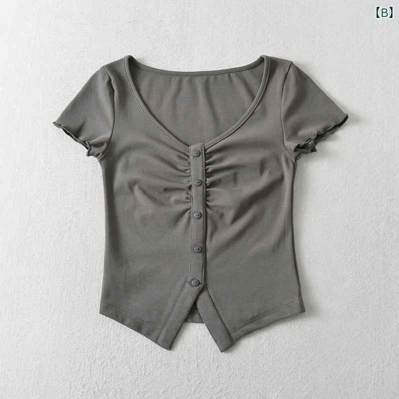 レディース カジュアル 夏 トップス T シャツ ボタン スモッキング 裾 スリット V ネック 半袖 スリム 女性用 アメリカン スタイリッシュ ガール クロップ