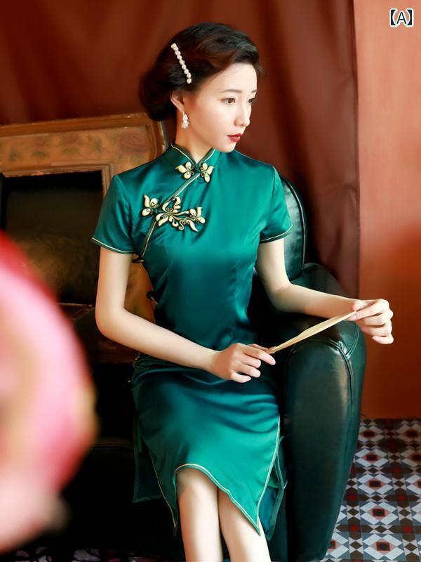 China Dress - レディース チャイナ ドレス おしゃれ ワンピース コスプレ 撮影 衣装 グリーン レトロ ファッション ミドル丈 古風 中華風 普段使い 日常着