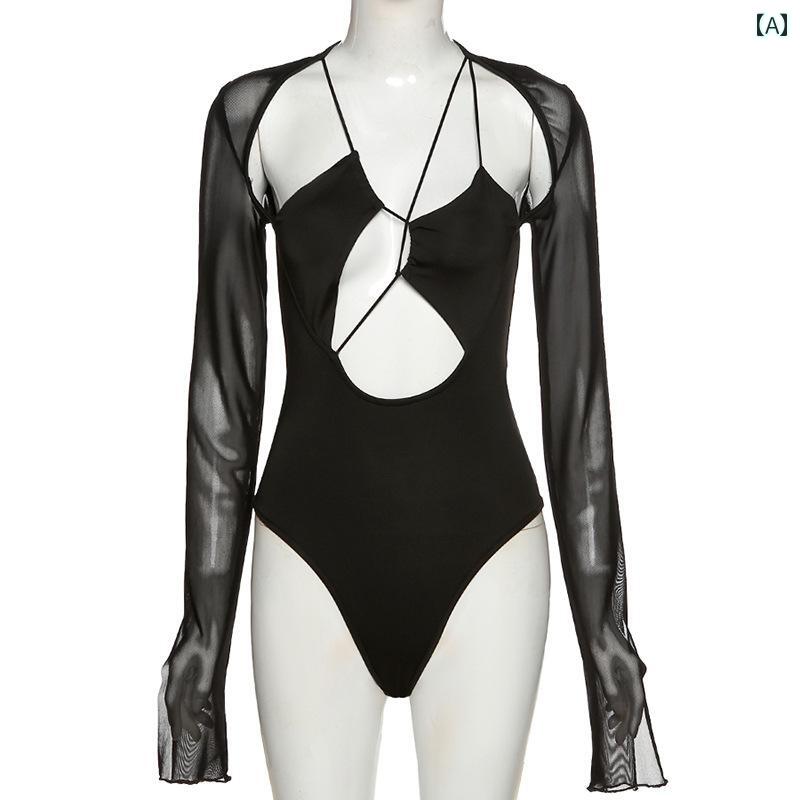 レディース アメリカ イン ダーク 不規則 分解 魅惑的 ブラックメッシュ 長袖 ワンピース トップス