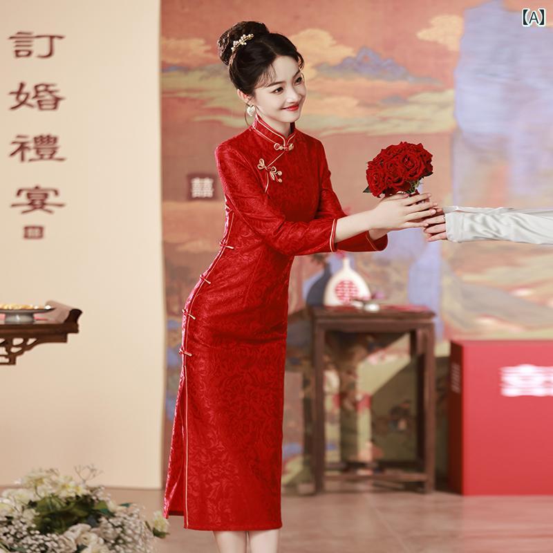 China Dress - レディース チャイナ ドレス エレガント ワンピース 撮影 衣装 トースト ブライダル 長袖 レッド ハイエンド 結婚式 婚約 バック ドア