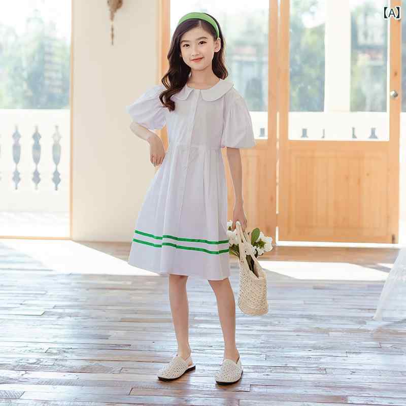 Occidental Goods - 夏 ワンピース かわいい 女の子 子供服 ガールズ 綿 ドレス 白 プレッピー プリンセス 中大 子供 半袖