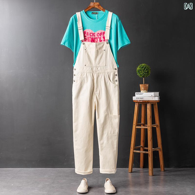 メンズ カジュアル パンツ オーバー オール ワークウェア ワンピース カップル 韓国 無地 オフ ホワイ..