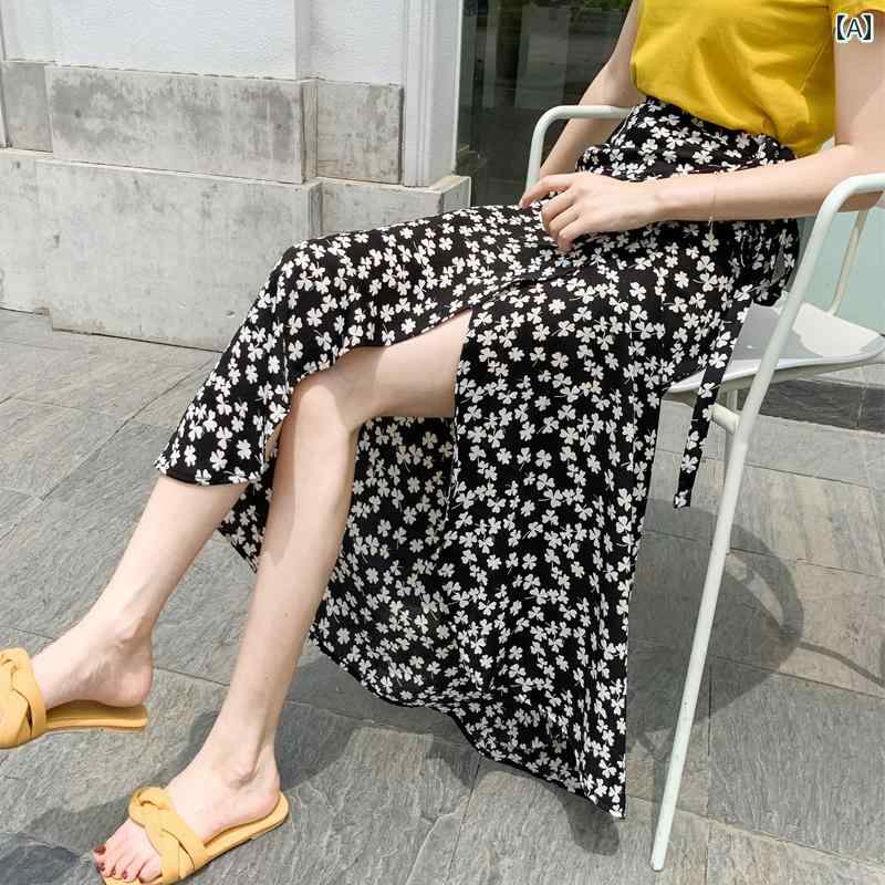 レディース 花柄 ハーフ レングス スカート サマー シフォン ビーチ ハイウエスト ストラップ ヒップ ラップ ワンピース スリットスカート