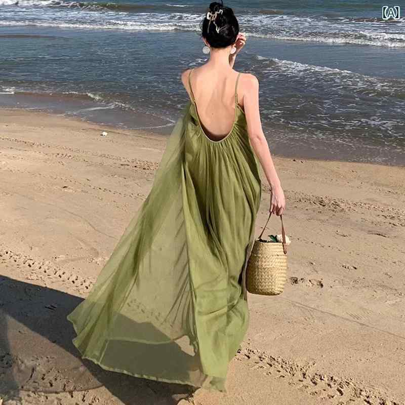 レディース リゾート ワンピース アボカド 旅行 メッシュ 魅惑的 ホルター バック レス ドレス ゆった..