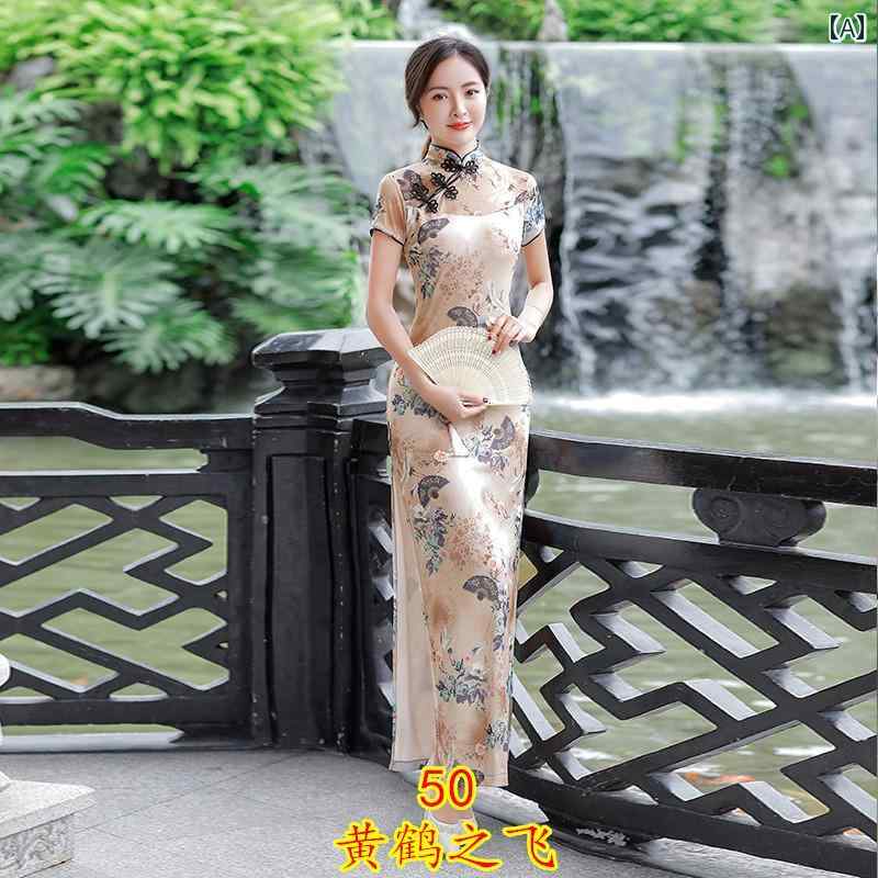 レディース 夏 チャイナ ドレス エレガント ワンピース 撮影 衣装 プリント 斜め 胸 スリット ロング 中華風 キャットウォーク 上品 洗練 スクエア ダンス