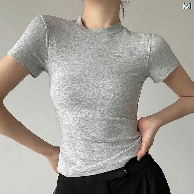 レディース 夏 カジュアル トップス T シャツ 普段使い スタイリッシュ ガール スリム ベーシックグレー ラウンドネック 半袖 女性 サマー 無地 シンプル インナー レイヤリング(4.0)