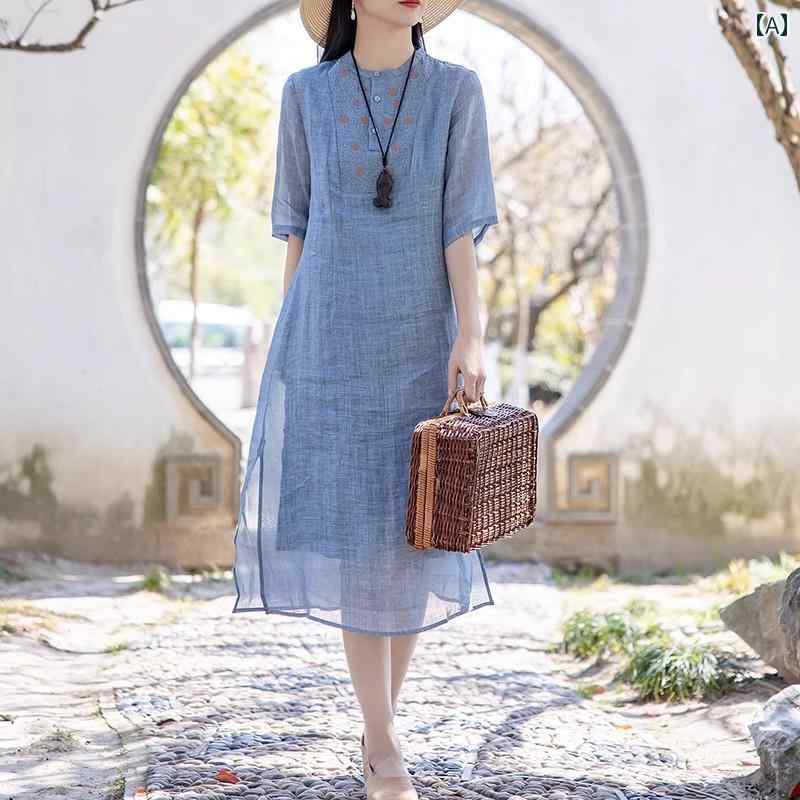 レディース 夏 チャイニーズ スタイル ワンピース おしゃれ 上品 婦人服 春 レトロ 刺繍 ラミー チャイナ ドレス 文学 コットンリネン ミッド スリーブドレス 女性 レイク ブルー