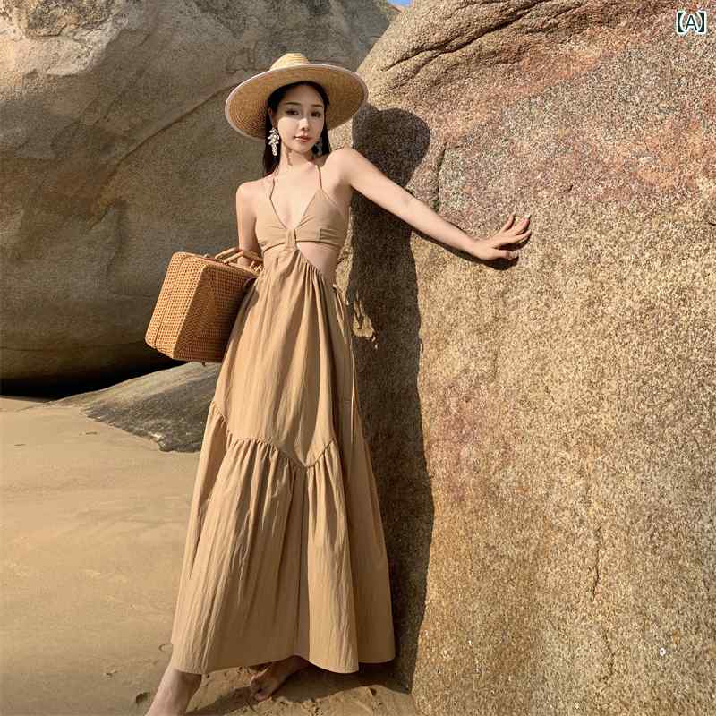 レディース リゾート ワンピース フレンチ ホルターネック バック レス ドレス 魅惑的 V ネック サスペ..