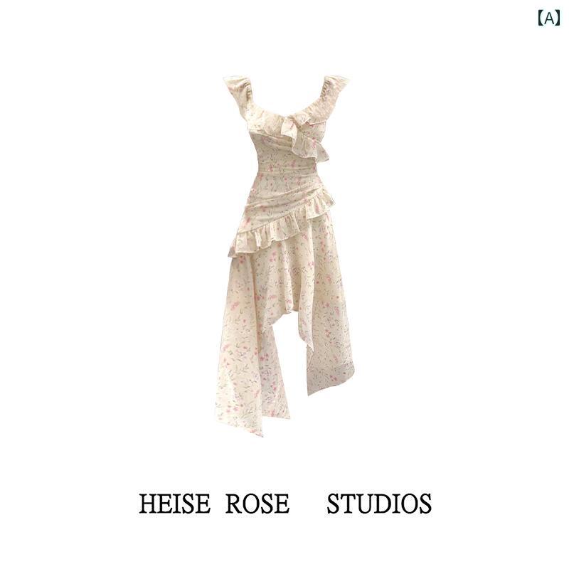 Wears For Collectors - レディース 夏 サマー ワンピース 大人かわいい ティーブレイク フレンチ 小さい 飛行 袖 花柄 ドレス 女性 海辺 リゾート 摩耗 フェアリー ロング スカート