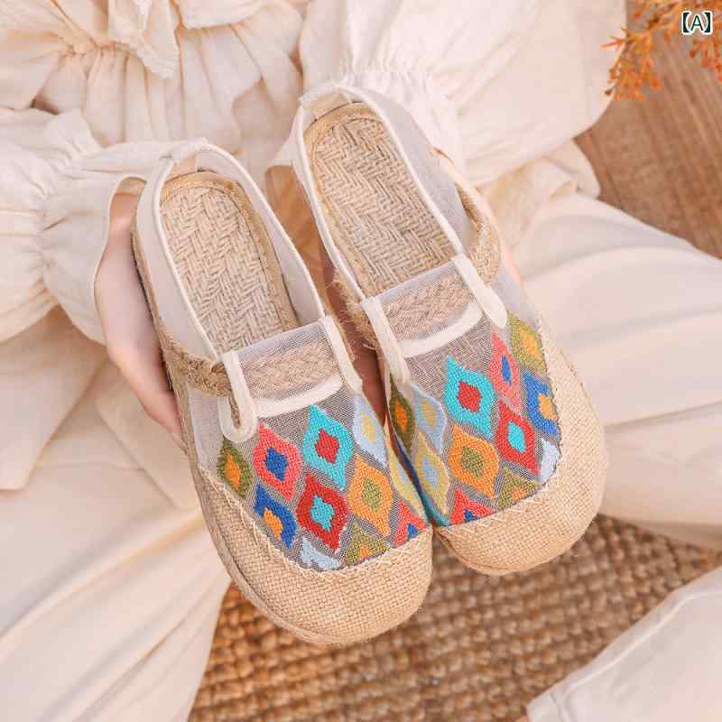 レディース 夏 スリッポン サンダル ぺたんこ 靴 文学 春 古風 布靴 包頭 メッシュ 屋内 屋外 フラット..