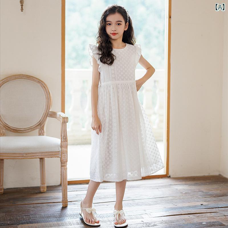 夏 ワンピース かわいい 女の子 ガールズ スカート 新 韓国 フライング 袖 白 プリンセス 子供 ウエスト ドレス