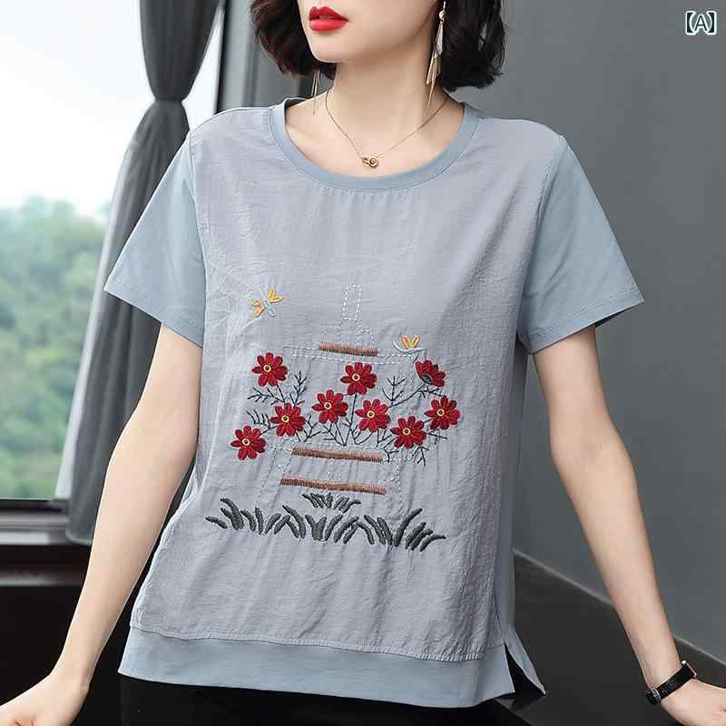 レディース カジュアル 夏 トップス シャツ サマー 快適 普段使い 婦人服 マザーズ 刺繍 服 スリム コットンシャツ大 サイズ 半袖 女性(4.0)