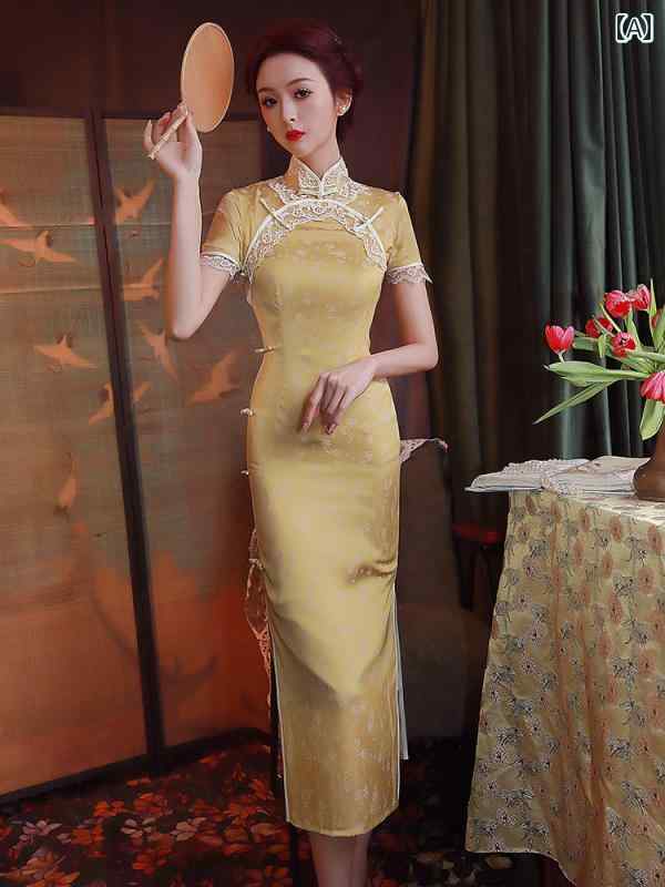 レディース 夏 チャイナ ドレス おしゃれ ワンピース コスプレ 撮影 衣装 春 レトロ 中華風 ガールズ スリム デイリー 半袖 ロング