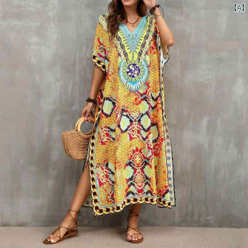 レディース 夏 リゾート ワンピース レトロ プリント 大型 スリム ジャンプ スーツ ロング スカート 女性 海辺 休暇 写真 ビーチ