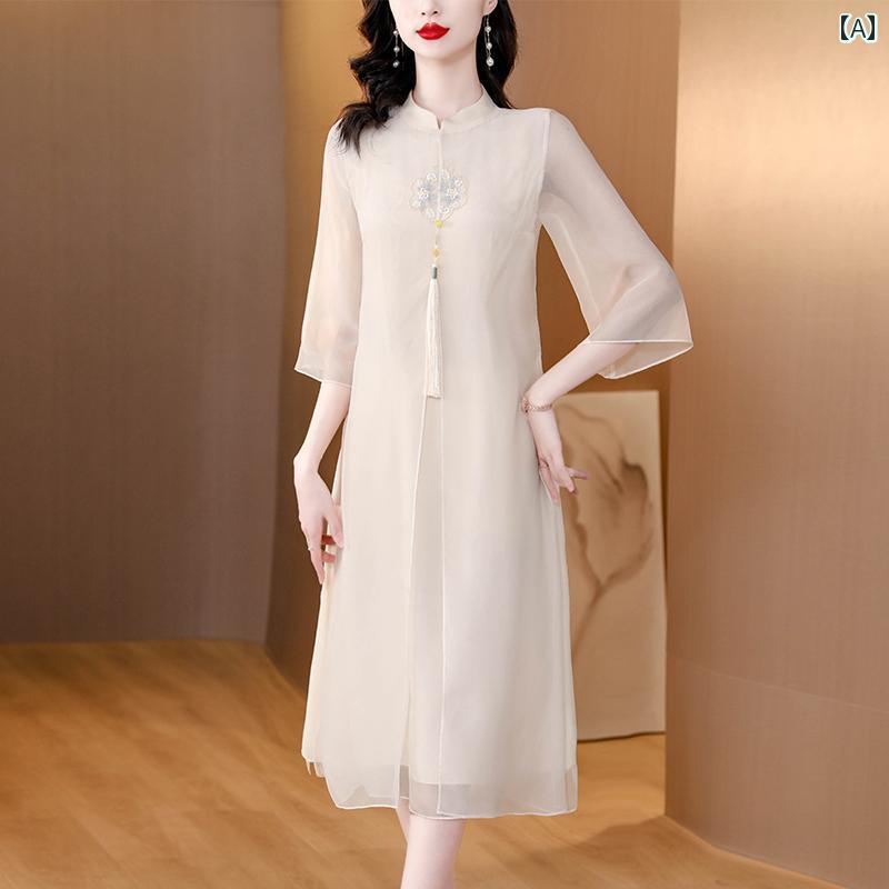 Women's summer dress, elegant and sophisticated, suitable for mothers, ladies, and more. Features include a Korean-style dress, Chinese dress, tea ceremony attire, meditation attire, and a retro, fairy-like design.
