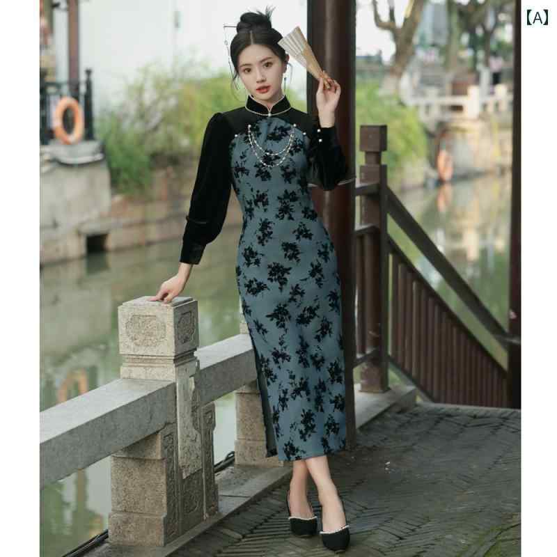レディース チャイナドレス おしゃれ ワンピース コスプレ 写真撮影 民族風 レトロ ベルベット ロング 中華風 デイリー スリム ドレス 秋