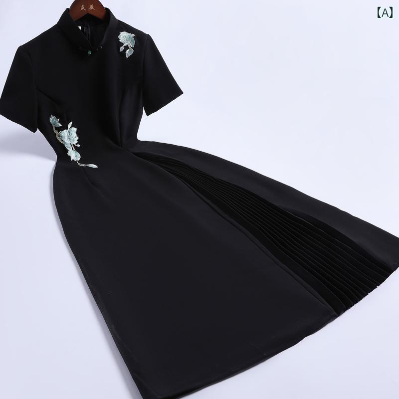 China Dress - レディース 夏 チャイナ ドレス エレガント ワンピース 撮影 衣装 黒 ガールズ 上品 洗練 レトロ 精巧 刺繍