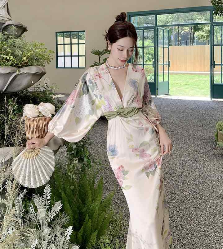 レディース リゾート ワンピース ドレス 写真撮影 衣装 レトロ プリント 着物 ティーブレイク ミルク ..