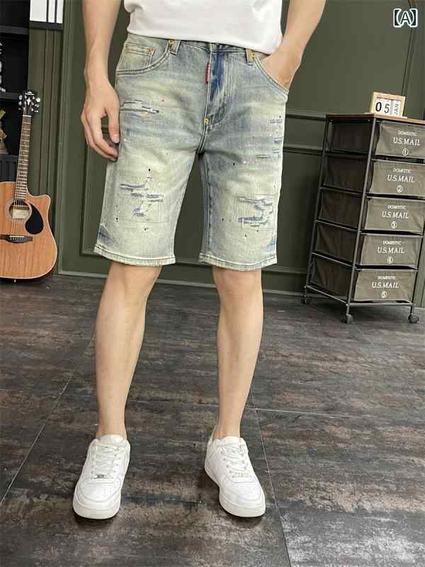 Rakuten - メンズ 夏 カジュアル パンツ デニム ハーフ サマー 半ズボン 薄手 デニムショート 弾性 ミディアム 五分丈 穴 パッチ