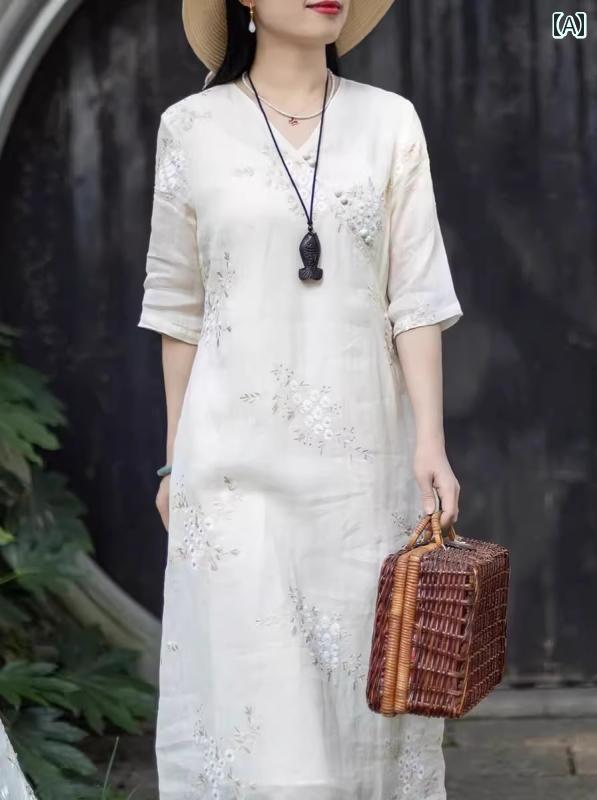 レディース 夏 チャイニーズ スタイル ワンピース おしゃれ 上品 婦人服 綿 リネン 瞑想 中華風 ラミー 刺繍 ドレス v ネック チャイナ