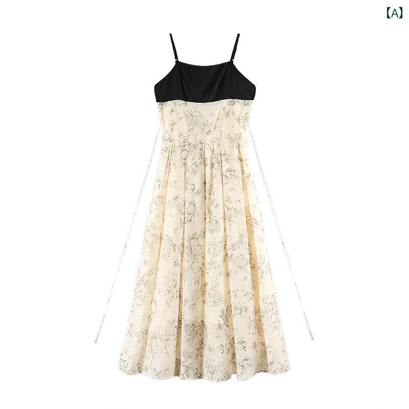 レディース 夏 ワンピース かわいい レトロ ハイエンド サスペンダー ドレス 女性 フランス エスニック 花柄 ロング スカート