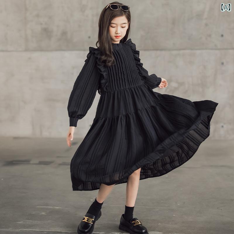 Occidental Goods - ワンピース かわいい 女の子 ガールズ ドレス 春秋 長袖 黒白 プリンセス 中大 子供 フェアリー