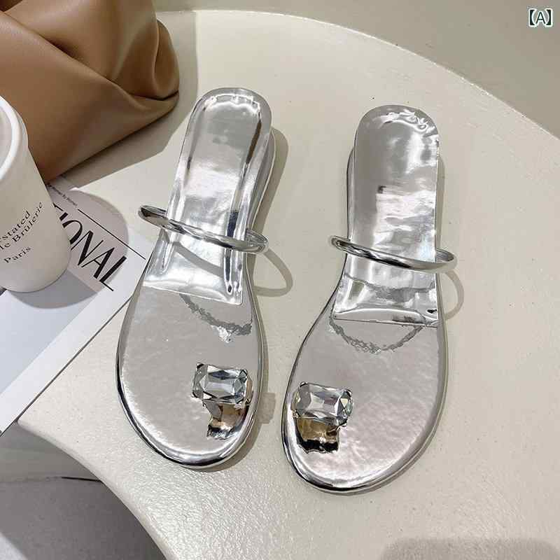 レディース 夏 ラインストーン サンダル スリッパ アウター セット トゥ フラットソール ファッション ..