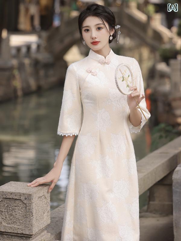 China Dress - レディース チャイナドレス おしゃれ ワンピース コスプレ 写真撮影 中華風 ベルスリーブ レース シェニール 少女 普段使い 日常着 ドレス 秋