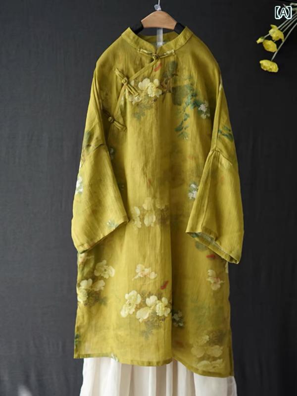 レディース チャイニーズ スタイル ワンピース おしゃれ 上品 婦人服 プリント チャイナ ドレス 風 芸術的 レトロ プレート ボタン ス..