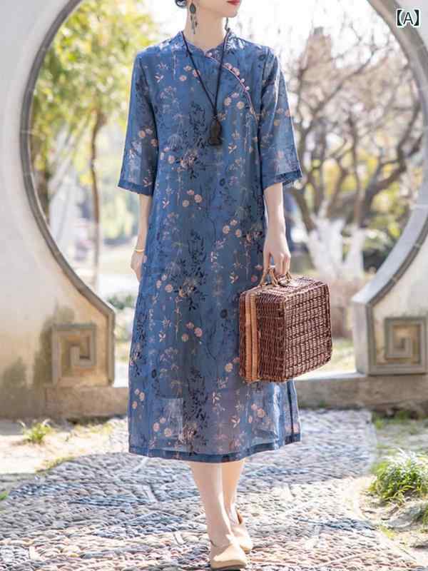 レディース 夏 ワンピース おしゃれ かわいい 中華風 ラミー ドレス ハイエンド ミッド スリーブ チャイナ ミドル丈 綿 リネン 花柄 スカート