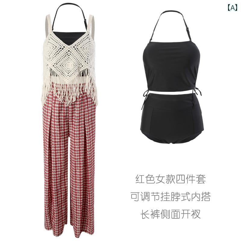 夏 カップル 水着 ペアルック 新婚 旅行 ハネムーン ビーチ リゾート お揃い リンクコーデ 女性 スリーフォー ピース スーツ 分割 魅惑的 カバー アップ ズボン 太もも スタイル