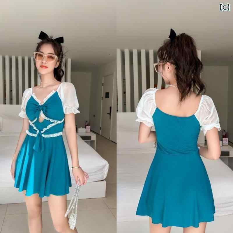 レディース 夏 水着 ワンピース かわいい スカート風 体型カバー ビーチ プール 海水浴 リゾート レジャー 女性用 スタイル 韓国 小さい フレッシュ 腹部 カバー スリム 見え リボン 学生 温泉