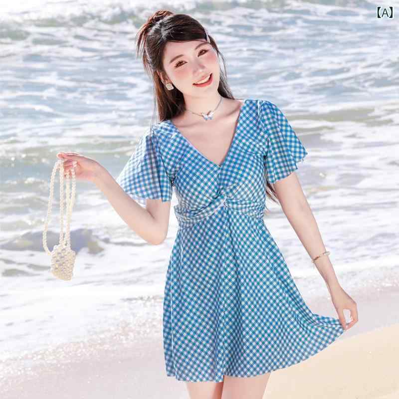 Two-Piece - レディース 夏 水着 ワンピース かわいい スカート風 体型カバー ビーチ プール 海水浴 リゾート レジャー 女性用 韓国 レトロ チェック柄 スリム 見え 海辺 温泉