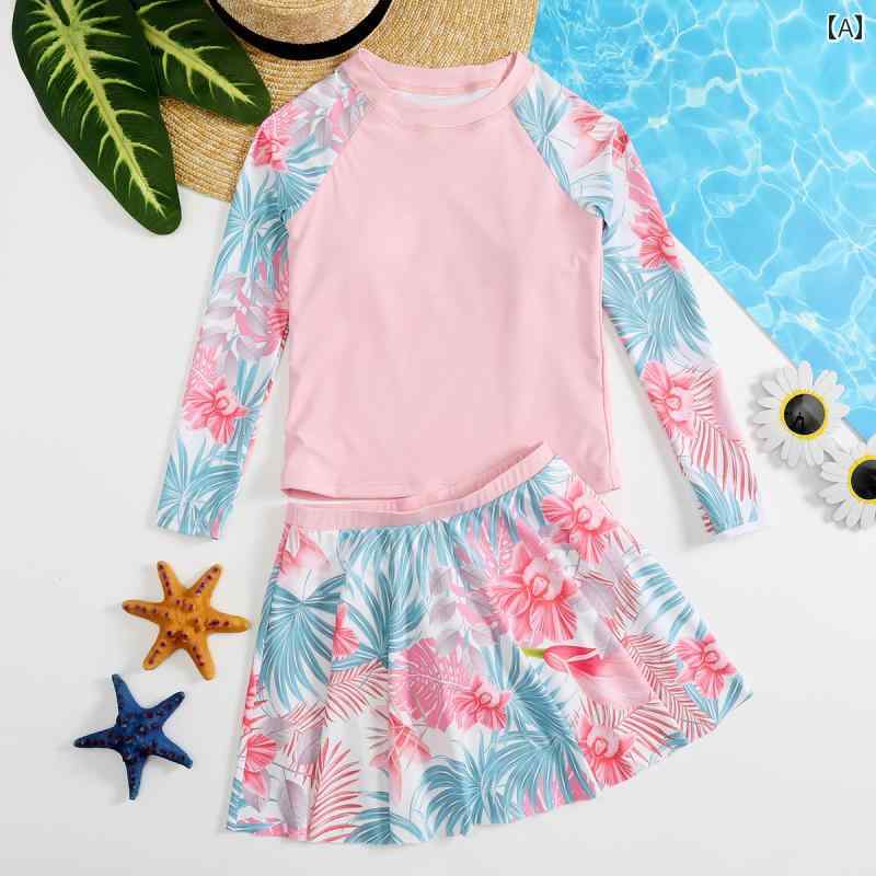 夏 水着 キッズ リゾート プール ビーチ 水泳 水遊び 子供用 スイムウェア 女の子 配色 かわいい 韓国 スプリット スカート ツーピース セット 園児 小学生 温泉