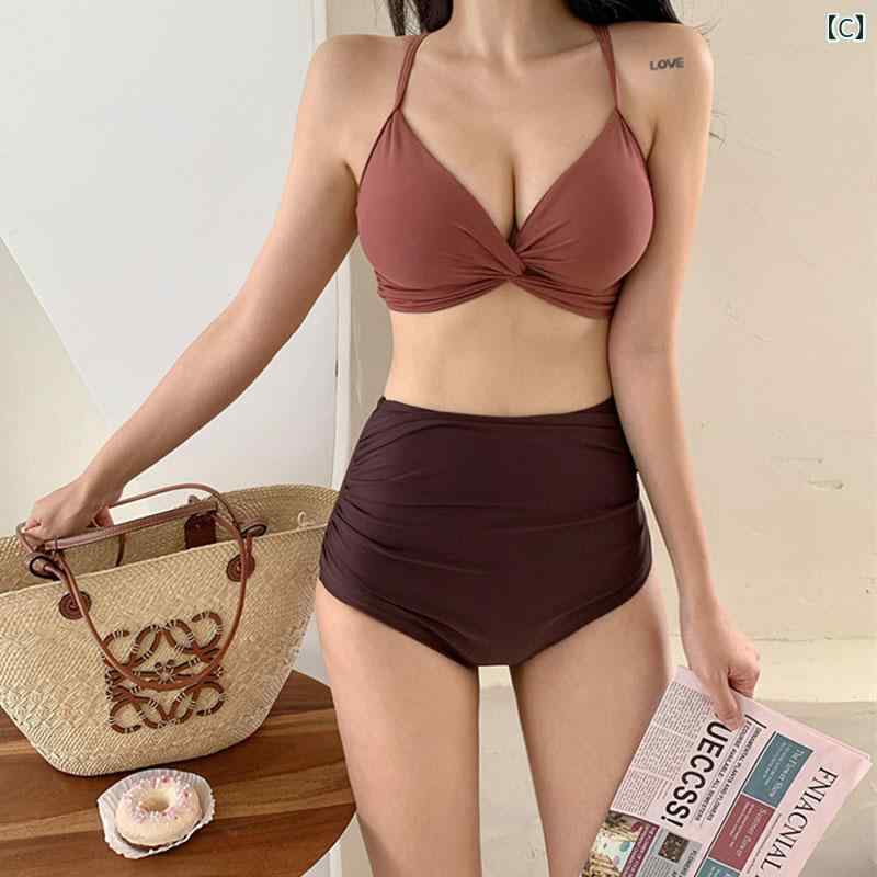レディース 夏 ハイウエスト ビキニ 水着 おしゃれ かわいい ビーチ リゾート プール 学生 カレッジ 大人女性 韓国 セパレート スリム 見せフィット トライアングル 控えめ お腹 カバー V ネック サスペンダー
