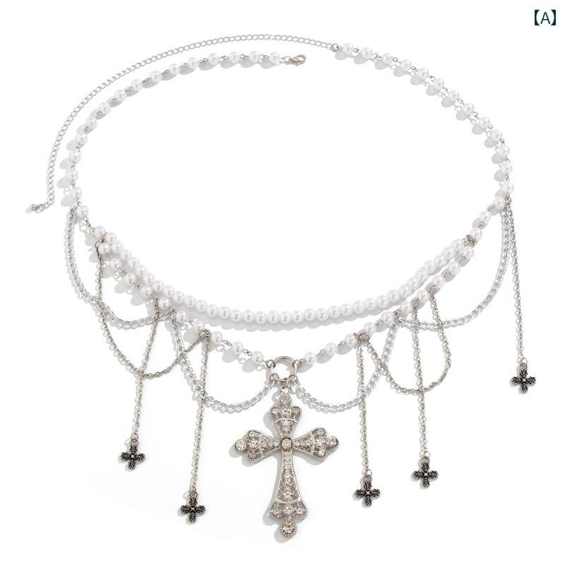 タッセル チェーン アクセサリー ウエスト ビーチ 水着 アクセ サマー フェス ベリーダンス クロス イミテーションパール 女性用 アメリカ レトロ ファッション マッチング ドレス