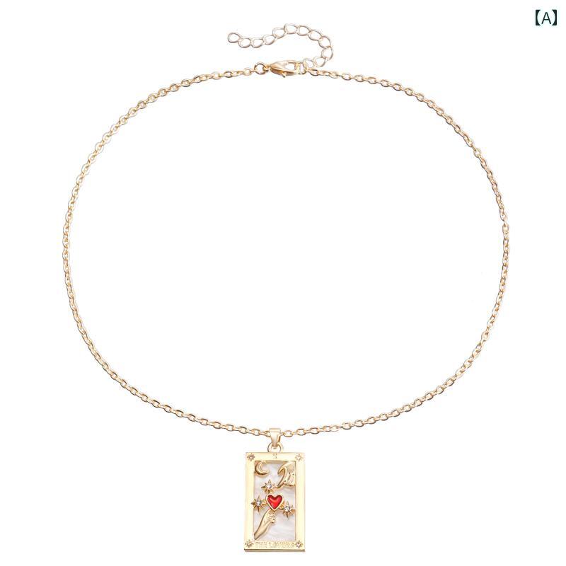 レディース ネックレス アクセサリー チェーン エスニック リゾート ビーチ 水着 海水浴 ビキニ アクセ アメリカ シンプル 単層 金属 細い 長方形 タロットカード ペンダント スタイリッシュ ガール スクエア カード