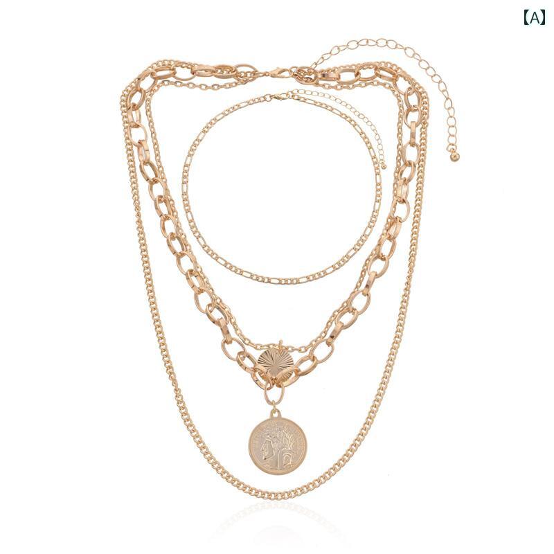 レディース ネックレス アクセサリー エスニック リゾート ビーチ 水着 海水浴 ビキニ アクセ アメリカ クール レトロ 合金 レリーフ ディスク ペンダント パンク 多層