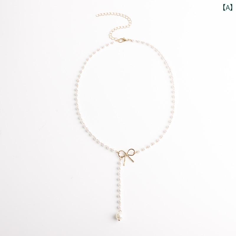 レディース タッセル ネックレス アクセサリー チェーン エスニック リゾート ビーチ 水着 海水浴 ビキニ アクセ アメリカ 北欧 シンプル 合金 リボン パール ペンダント Y 鎖骨