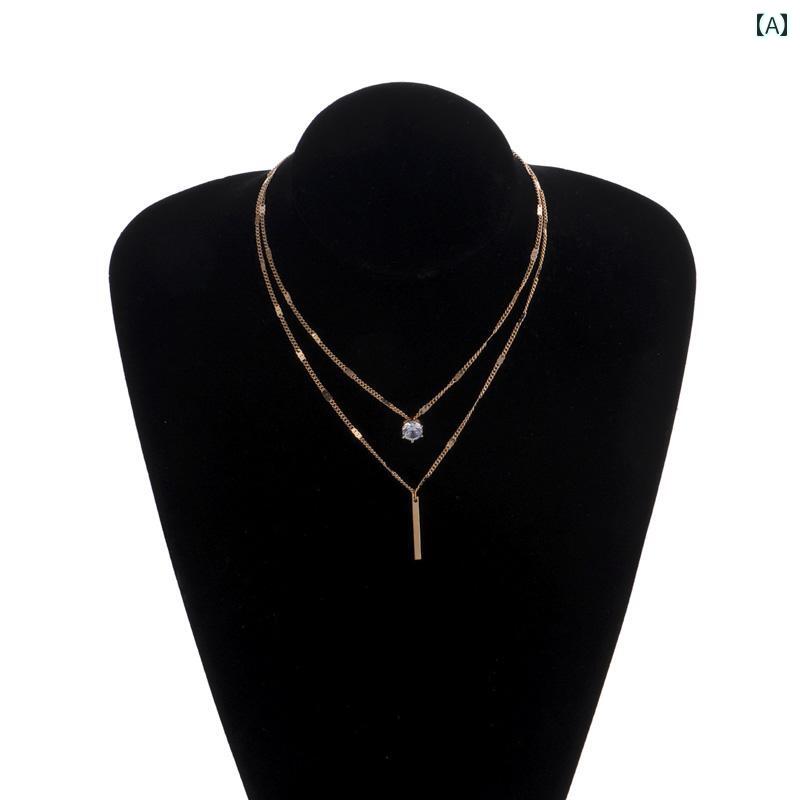 レディース ラインストーン ネックレス アクセサリー エスニック リゾート ビーチ 水着 海水浴 ビキニ アクセ アメリカ ハイエンド クール シンプル ペンダント 二層 合金 ワンワード アイアン バー