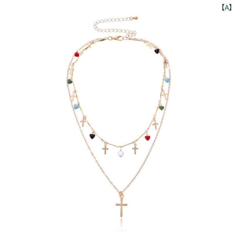 レディース タッセル ネックレス アクセサリー エスニック リゾート ビーチ 水着 海水浴 ビキニ アクセ アメリカ シンプル クロス ペンダント 女性 滴る 釉薬 ハート カラフル 宝石 マッチング