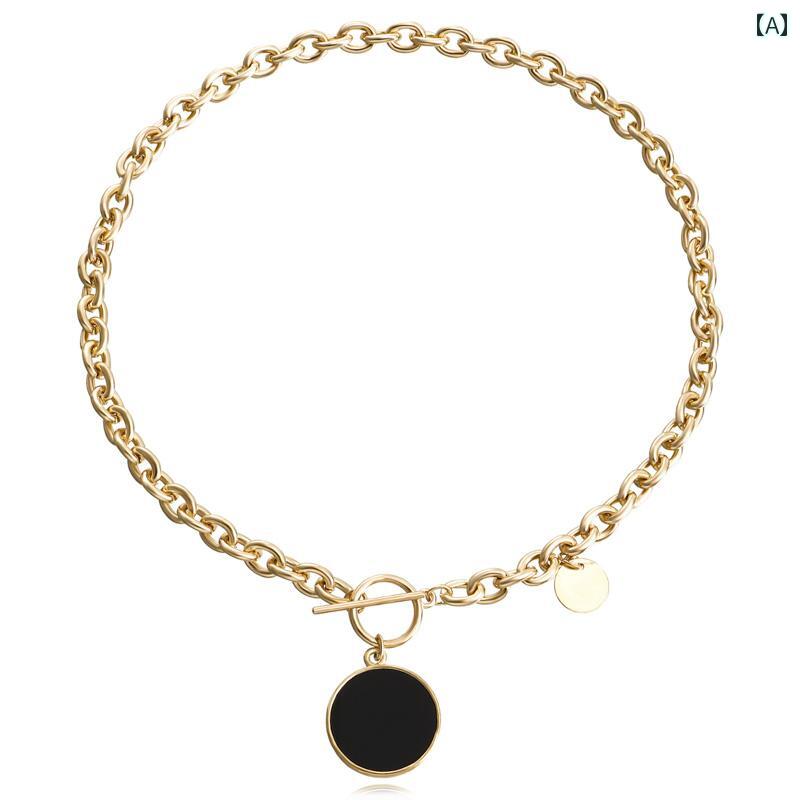レディース ネックレス アクセサリー チェーン エスニック リゾート ビーチ 水着 海水浴 ビキニ アクセ アメリカ ストリート 太い ゴールド 合金 ブラック コインペンダント OT バックル 鎖骨