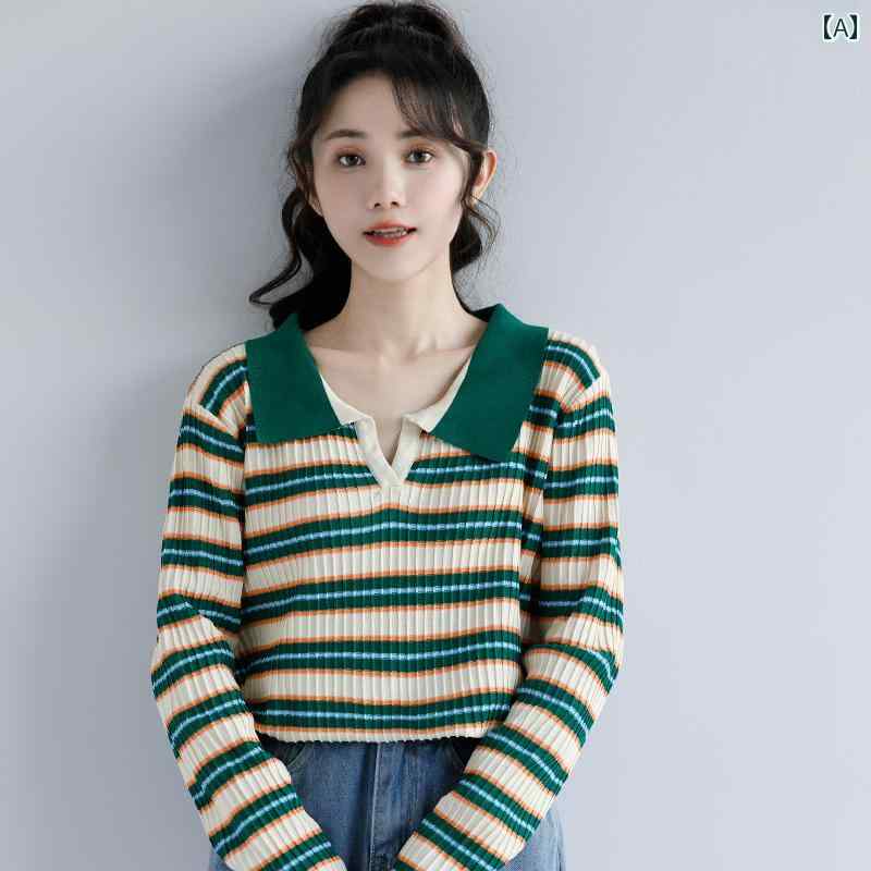 レディース ファッション カレッジ トップス 春秋 レトロ ストライプ セーター 薄手 ポロネック セーター 長袖 ビスコース ゆったり