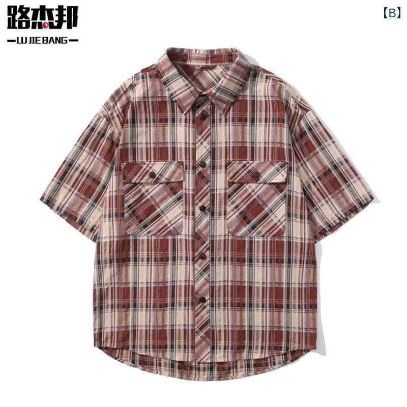 メンズ 半袖 シャツ 夏 トップス チェック 格子柄 上品 ジャケット 前開き ボタン装飾 ハワイアン ビーチ マルチポケット装飾 薄手 ビスコースファイバー リゾート カジュアル レジャー アーバン ワークウェア