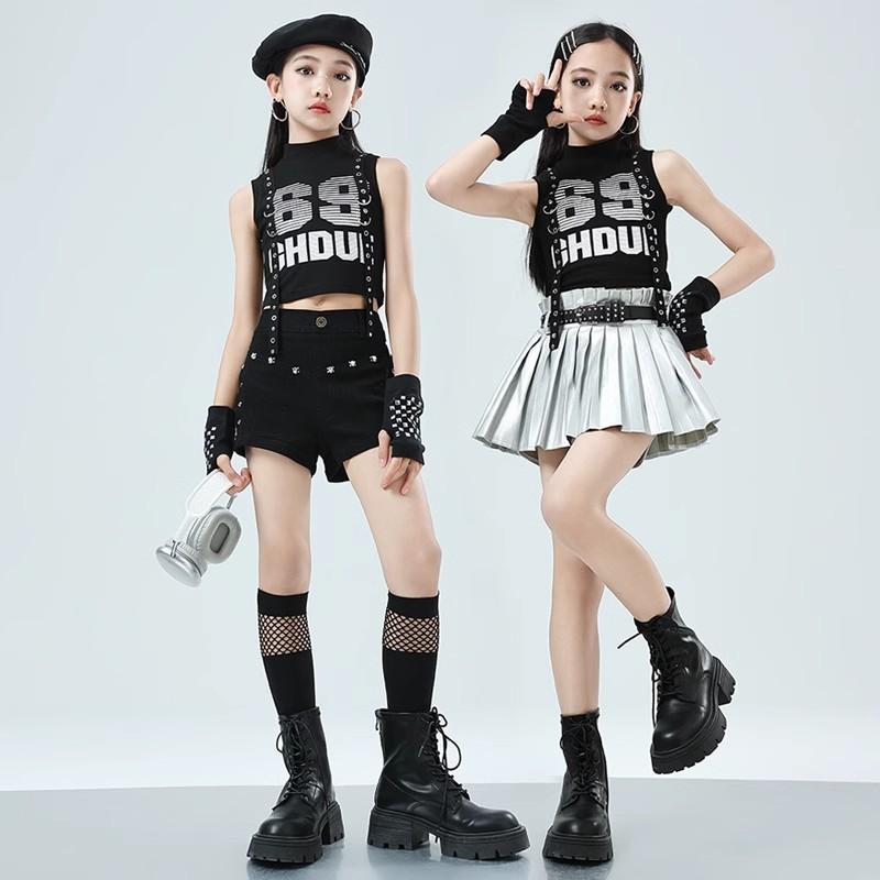 ガール 女の子 子供 ジャズ ダンス パフォーマンス 衣装 かわいい ノースリーブ スカート セットアップ クール おしゃれ へそ出し ストリート ファッション イベント ステージ